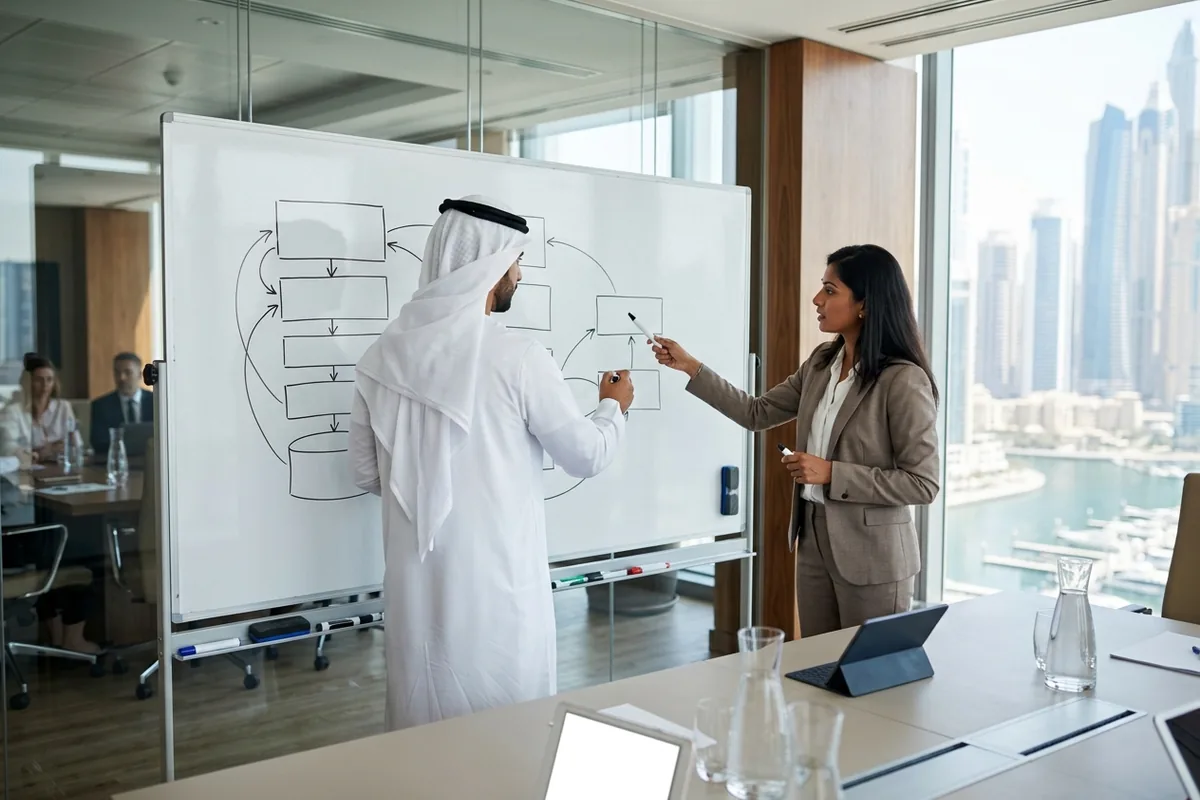 Executives mapping AI build vs buy layers on a whiteboard